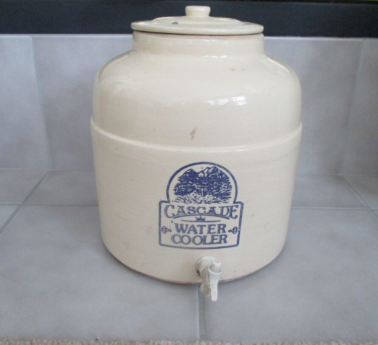 Antique Cascade Water Cooler Stoneware Jug Lidded Cooler Crock w/Spout