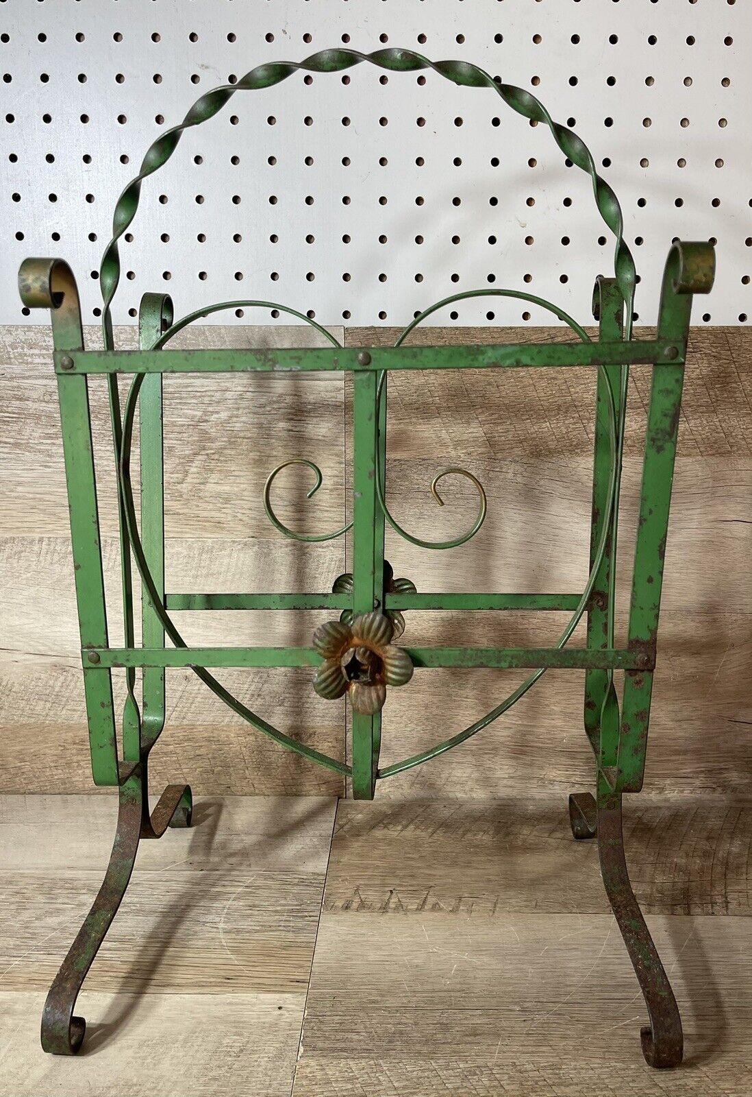 Antique French Iron Twist Magazine Holder Green Floral 18” Tall