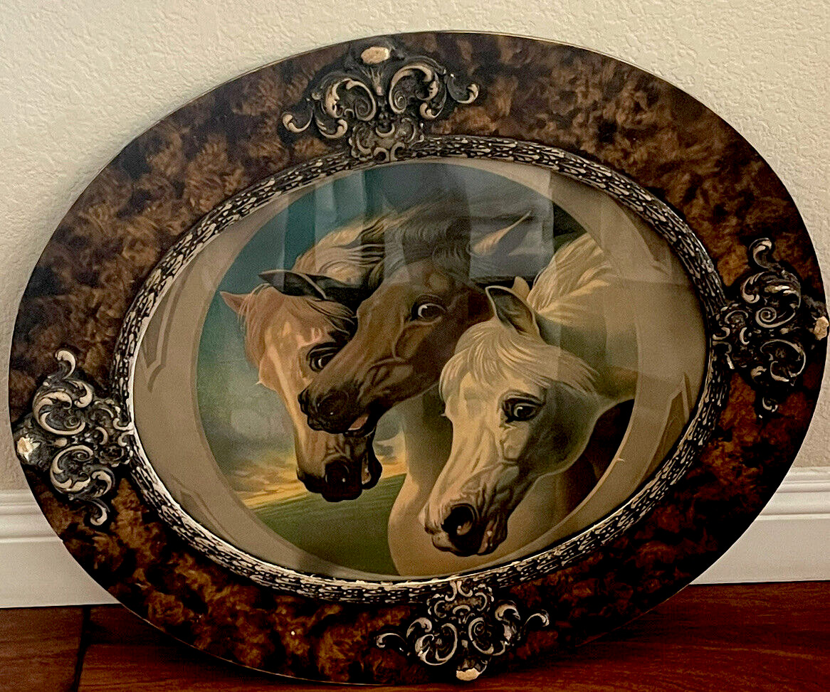 1800\'S ANTIQUE PHARAOH\'S HORSES   IN  OVAL  WOODEN  FRAME W/ORIGINAL WAVY GLASS