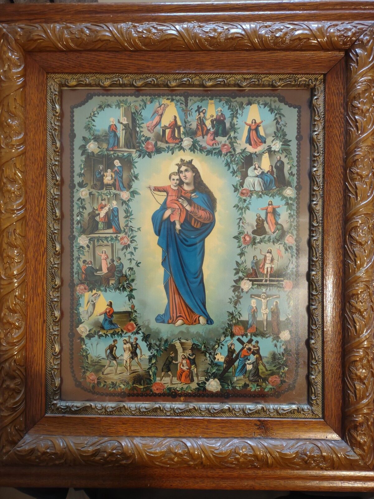 Beautifully Framed German Antique Our Lady of Rosary Print 26” X 30” Mother Mary
