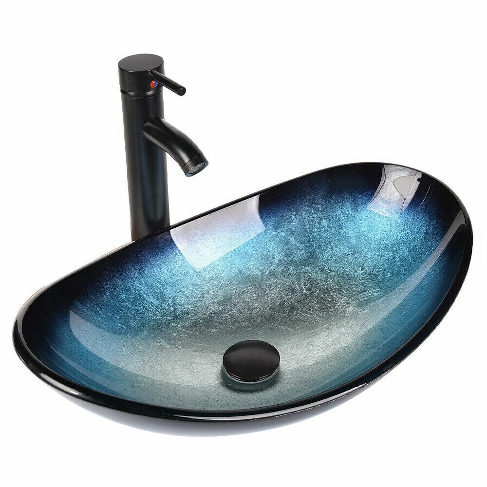 ELECWISH Bathroom Vessel Sink Tempered Glass Basin Bowl with Faucet Pop Up Drain