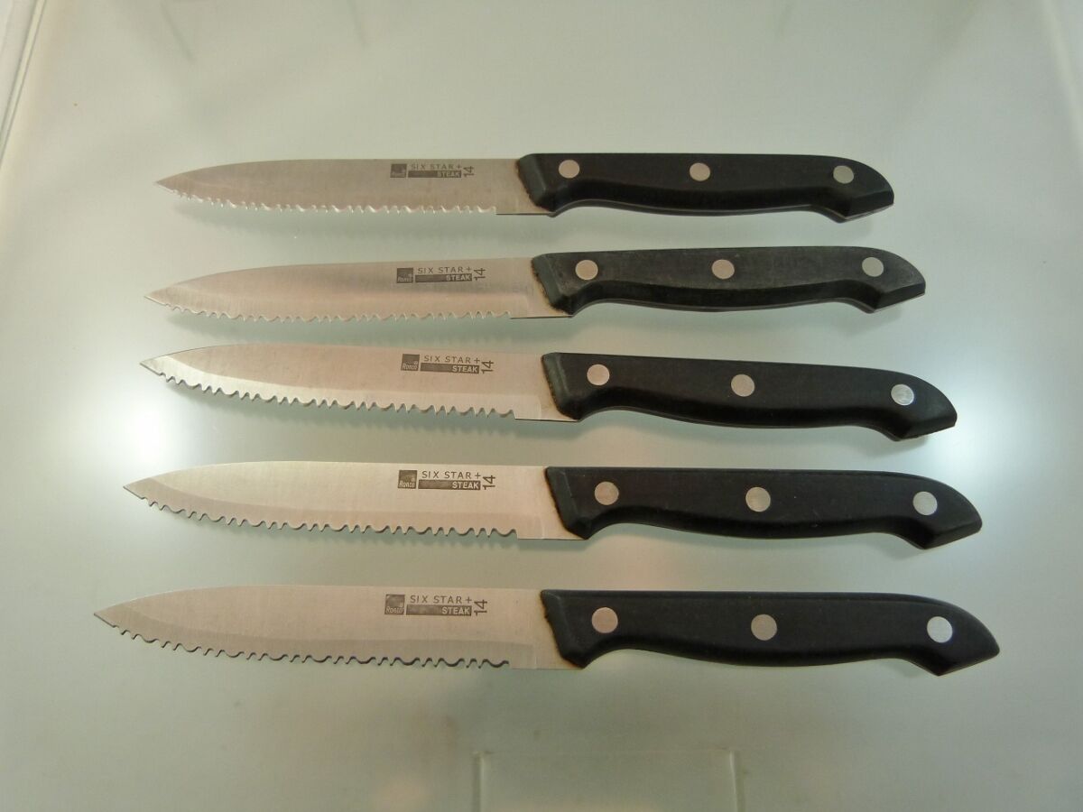 RONCO SHOWTIME SIX STAR + 14 EBONY HANDLED SET OF 5 STEAK KNIVES 