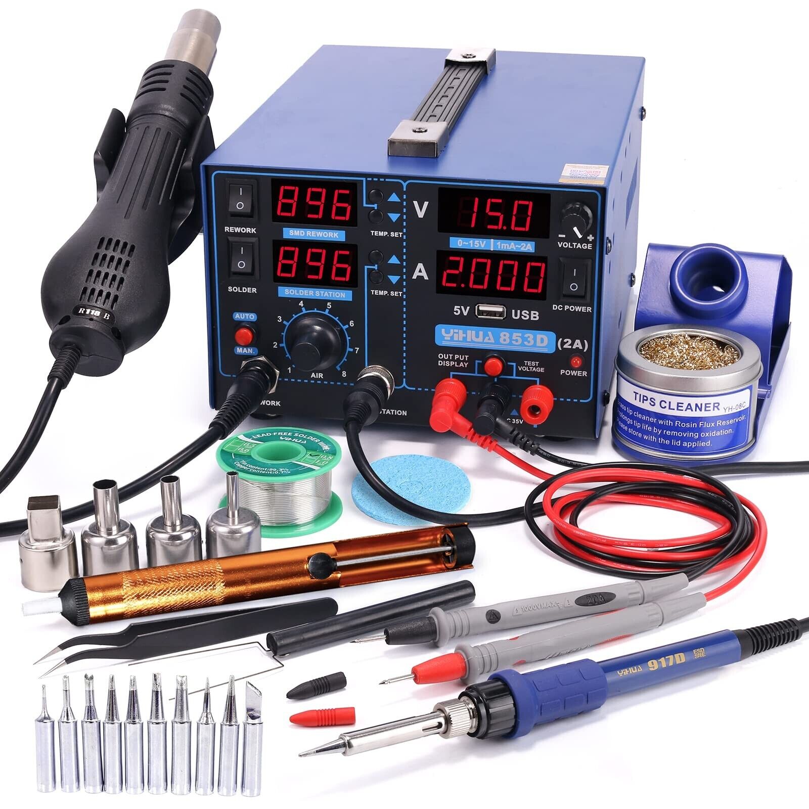 YIHUA 853D 2A USB SMD Hot Air Rework Soldering Iron Station, DC Power Supply ...