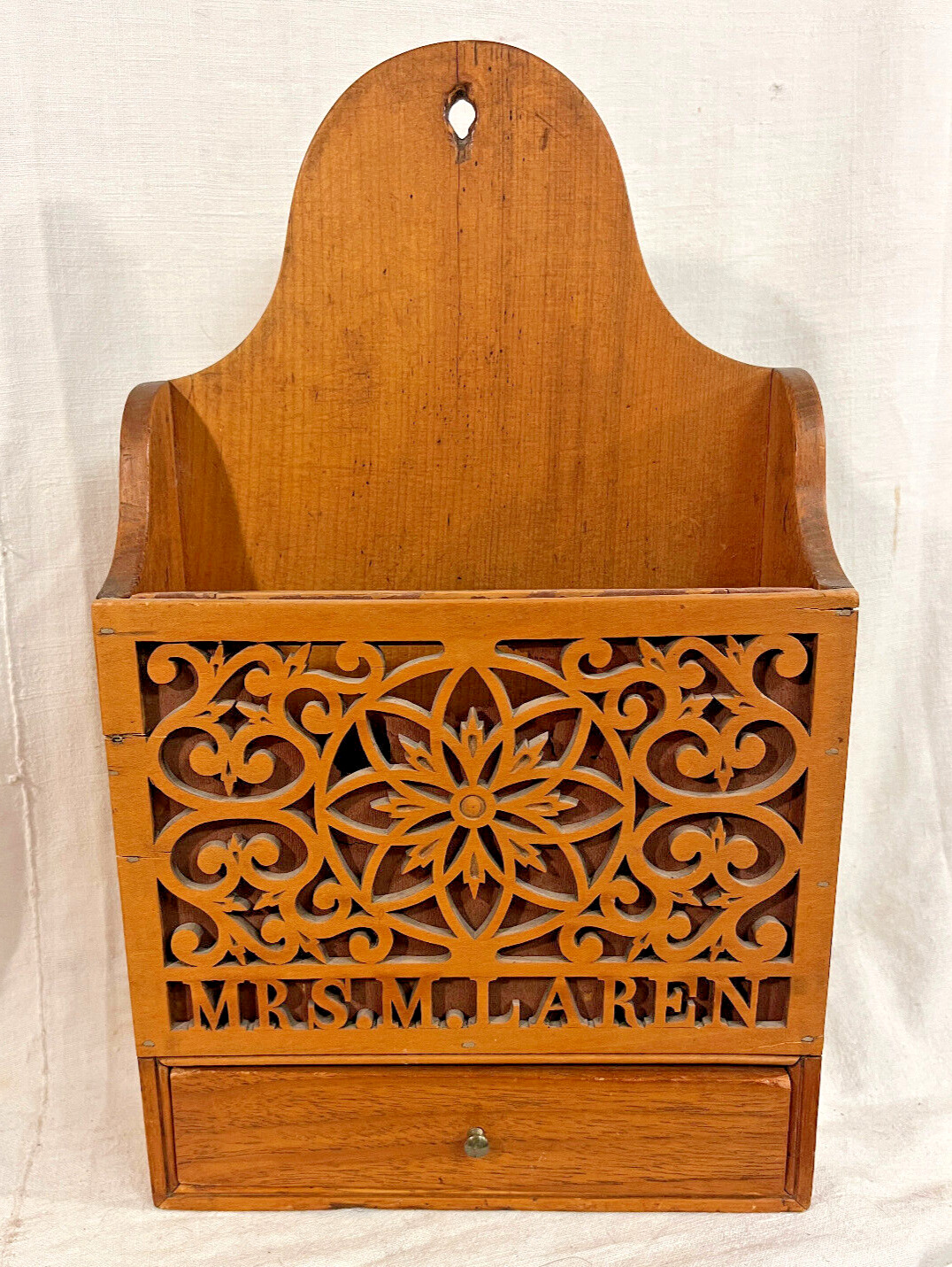 Antique Early American Hanging Wall Box, Cutout Scroll Work, prob. PA c 1830-50s