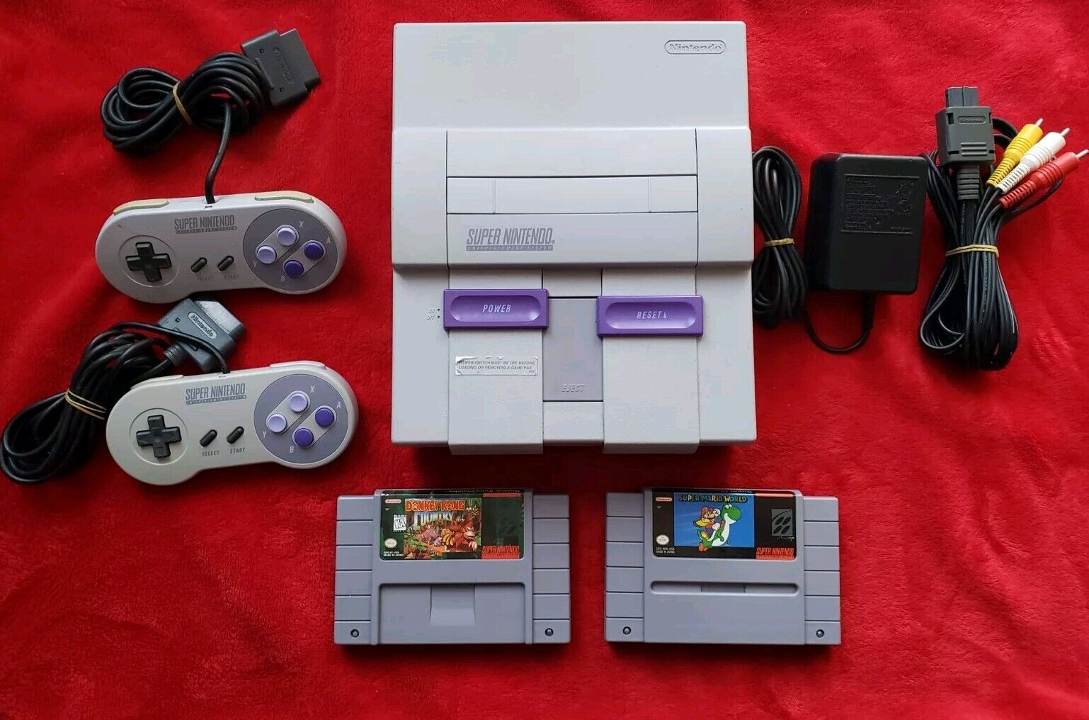 Super Nintendo SNES Console Bundle Cables, 2 Controllers, 2 Games Mario Donkey