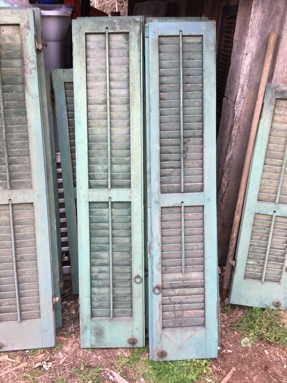 Vtg  1 Pair  Old  Wooden Door Shutters Architectural Green Louvered 59In X 24in
