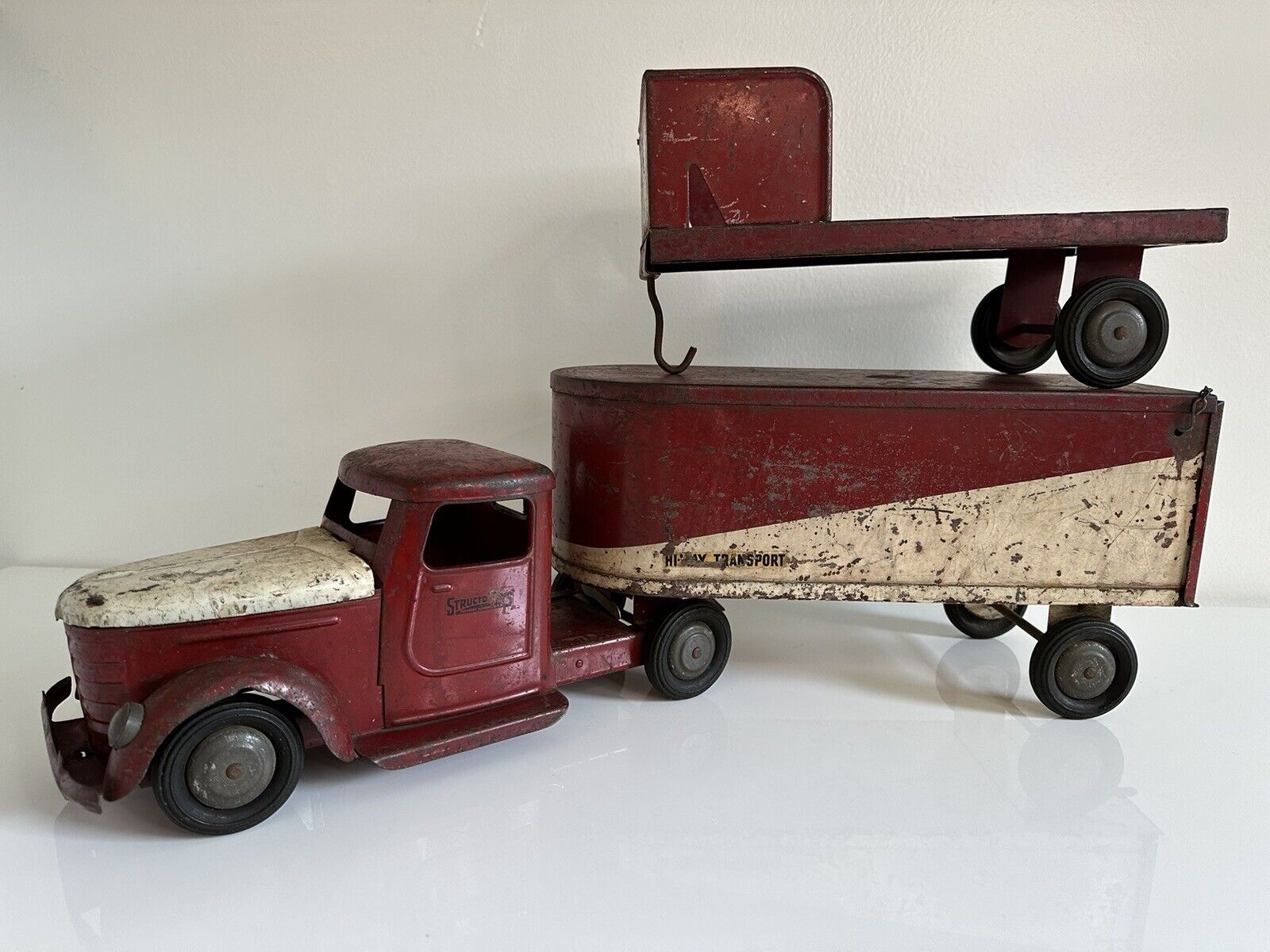 VTG 1930s 40s Structo Hi-Way Transport Pressed Steel Toy Truck & 2 Trailer Set