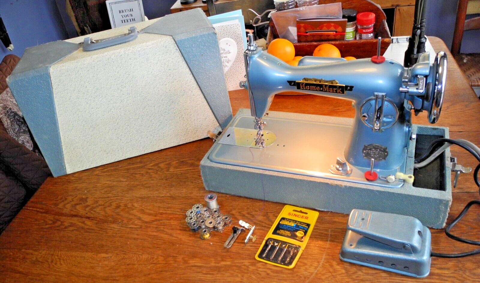 Vintage BLUE  Home Mark Sewing Machine W/ Retro Case. Japan.