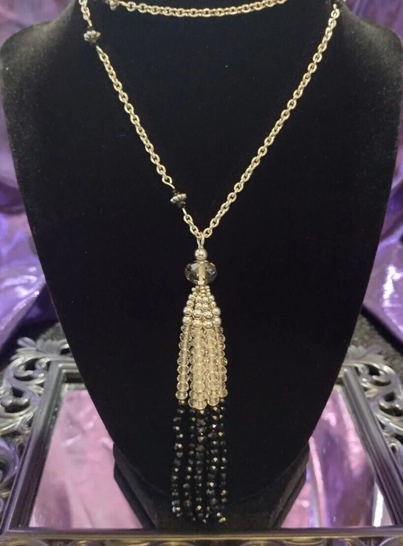 Vintage Silver, Clear & Black Bead Tassel Long Silver Tone Necklace - 34\