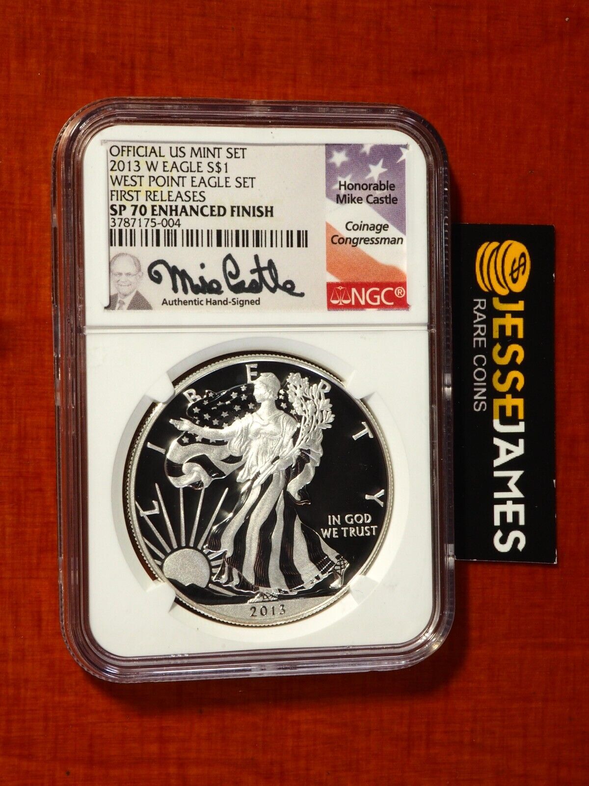 2013 W SILVER EAGLE NGC SP70 ENHANCED FINISH MIKE CASTLE HAND SIGNED FLAG LABEL