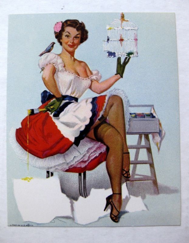 1950s Pinup Girl Picture Sassy Long Legs Brunette Painting Birdcage 4 x 5 in