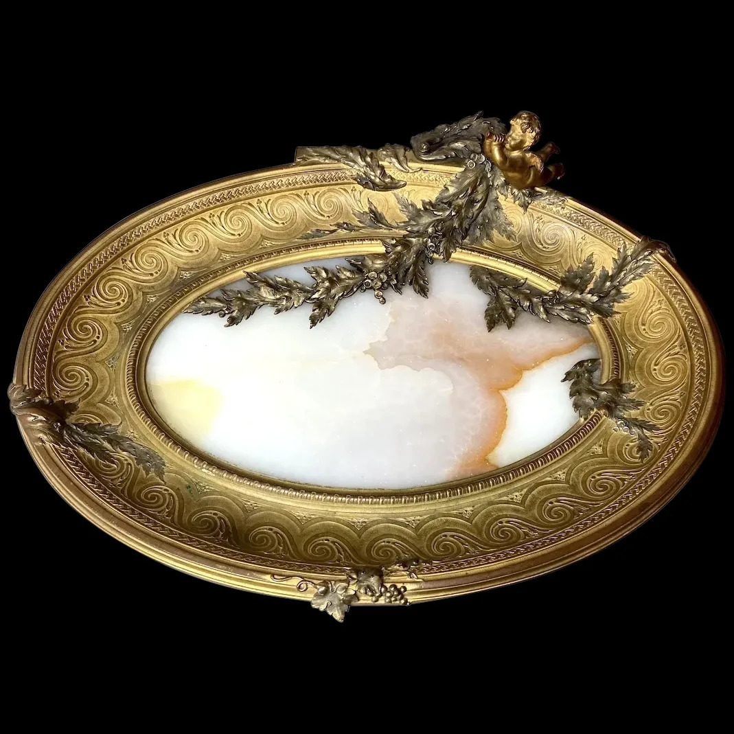 Exquisite Antique French Bronze Tray Featuring Alabaster Stone Centerpiece