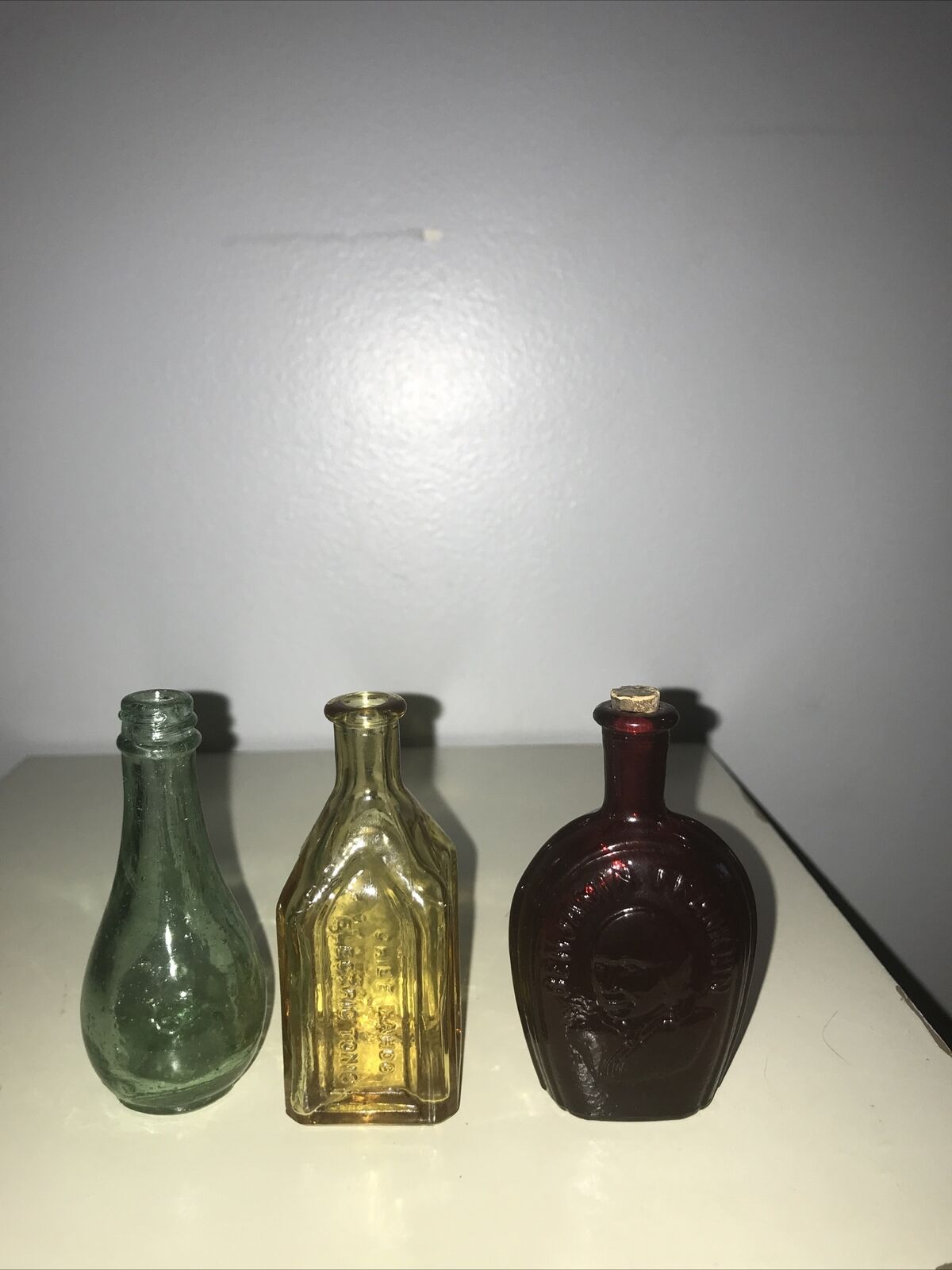 Lot of Vtg Wheaton, Mini Colored Glass Bottles Chief Wahoo Benjamin Franklin