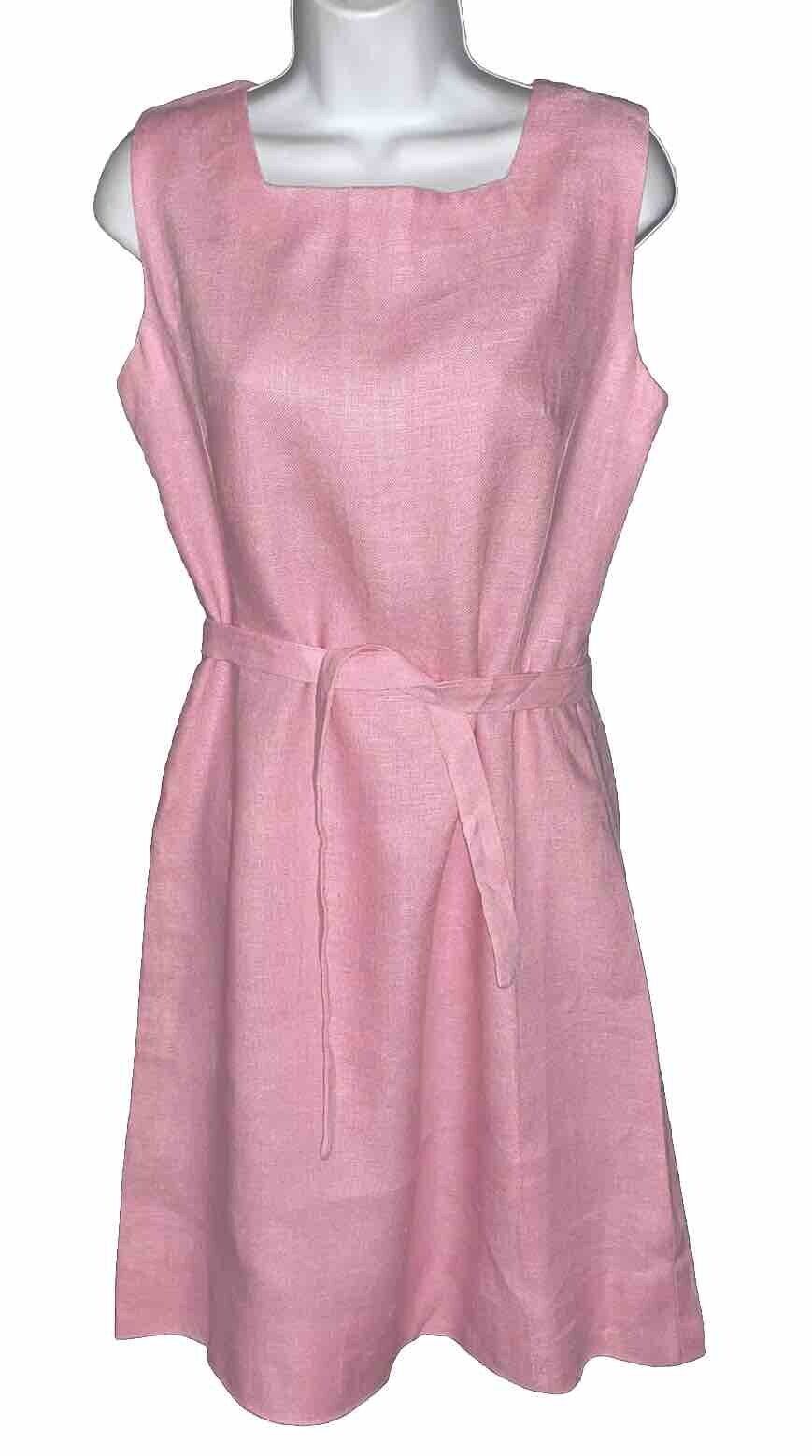 Vintage 1950’s Saks Fifth Avenue Sleeveless Pink Linen Shift Dress Belted Sz M