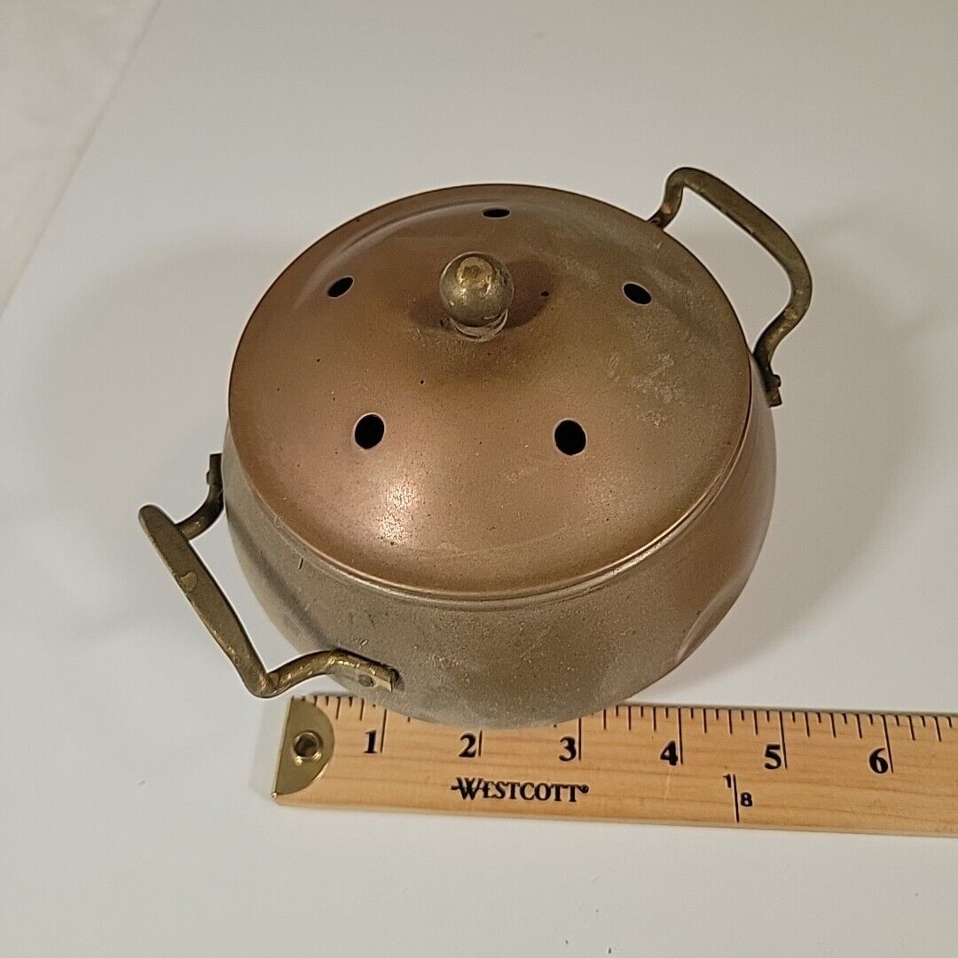 Vintage Copper Potpourri Bowl Frangrance Pot Vented Lid Brass Handles  Dents