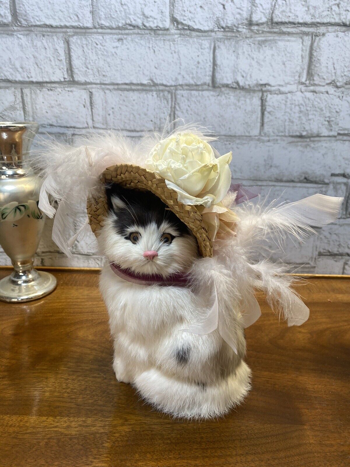 Vintage 50s Fancy Realistic Cat With Feathered Hat 9” Tall