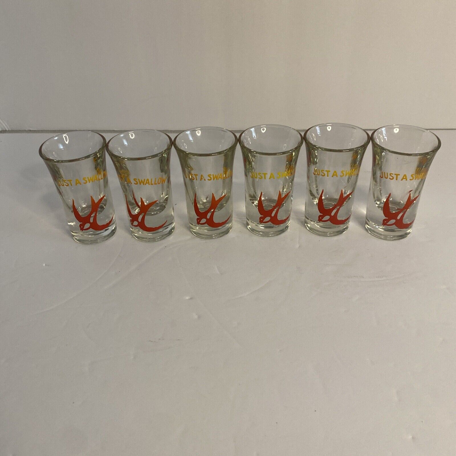 Vintage 50\'s Shot Glasses Just a Swallow Navy Tattoo Style Bird Barware Set Of 6