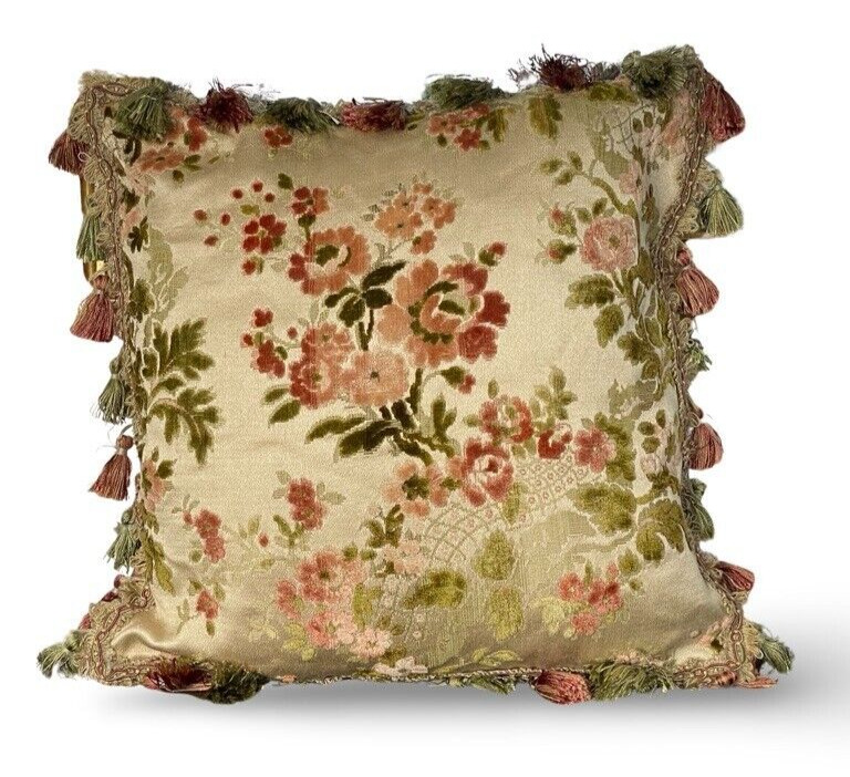 Vintage French Velvet Pillow Cover Floral Cut Silk Velvet Cushion Tassel 16 x 16