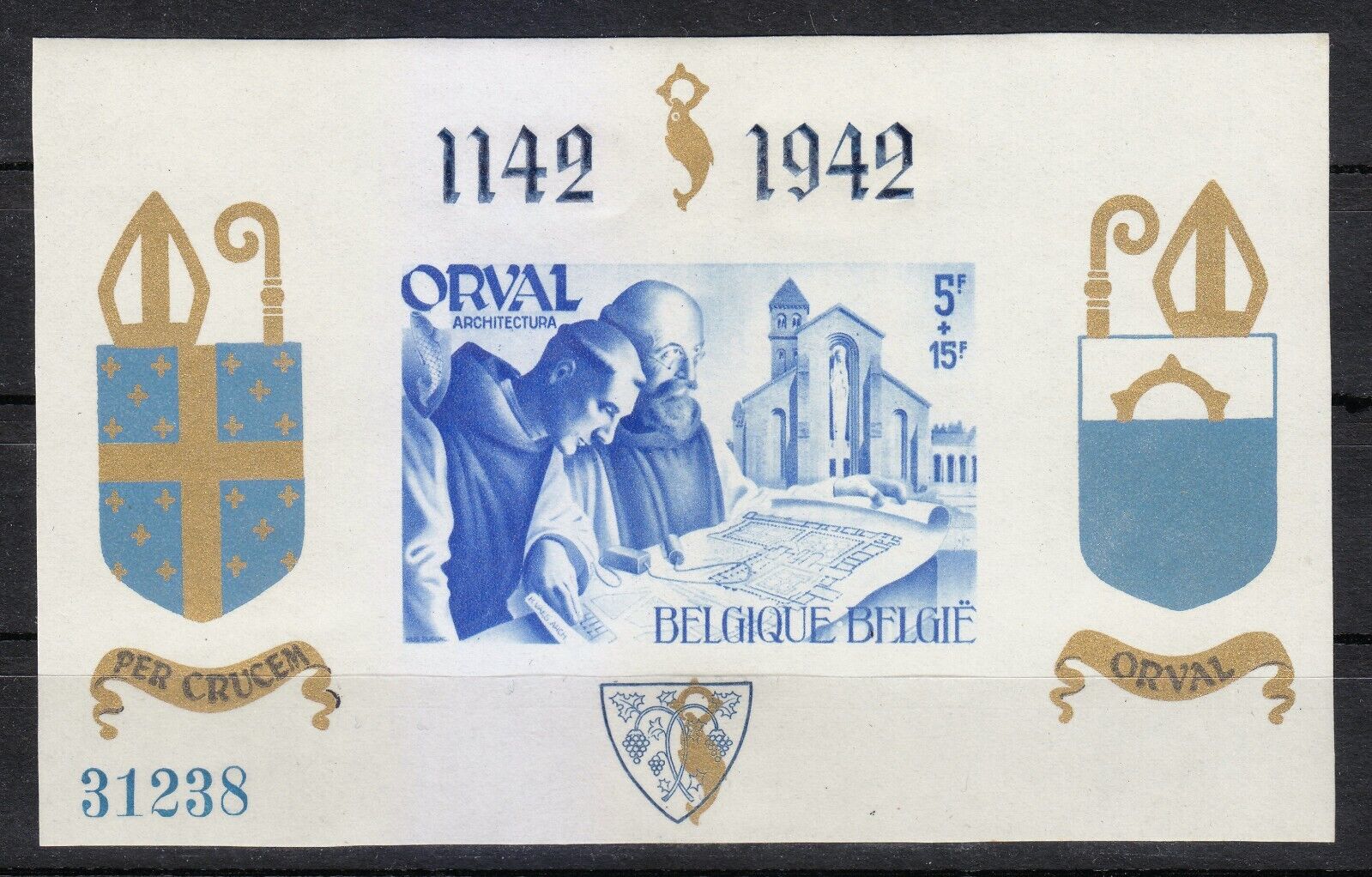 Belgium 1937 MNH Block III.I. Type 1 in Blue imperforated Orval Abbey. Signed **