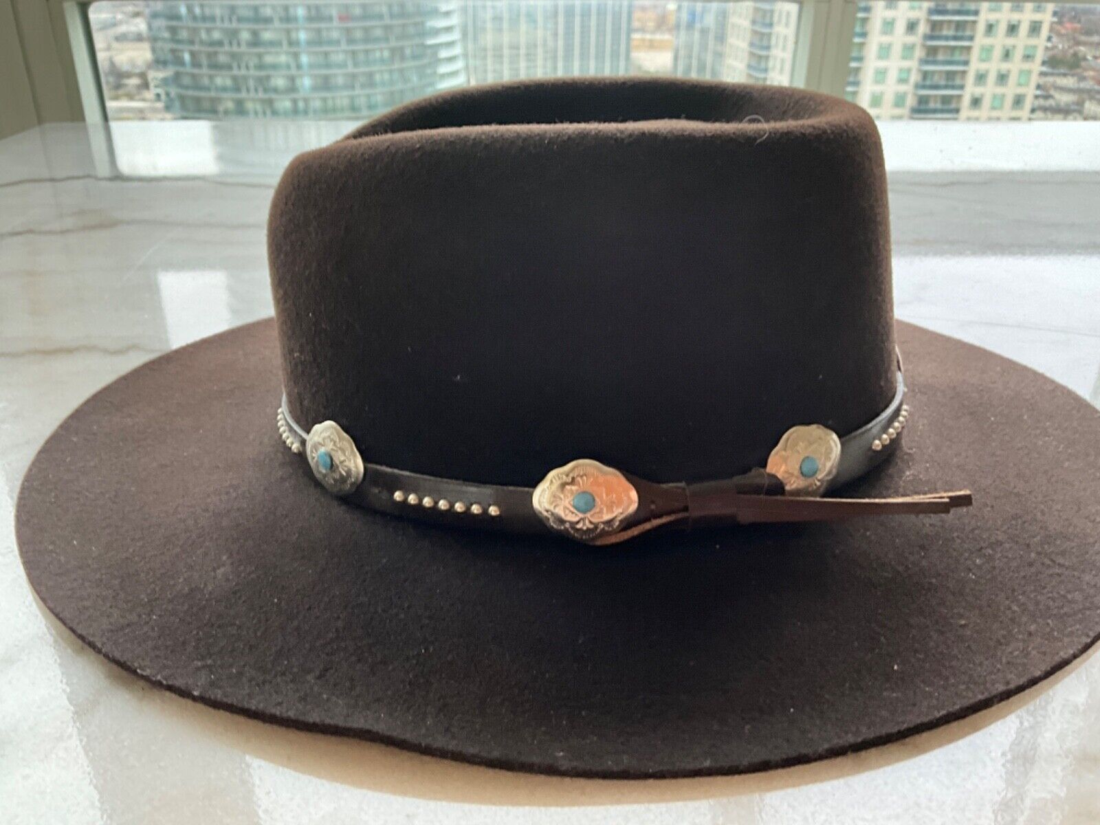 VINTAGE STETSON RARE SILVER & TURQUOISE BAND, MINT, CHOCOLATE BROWN 100% WOOL