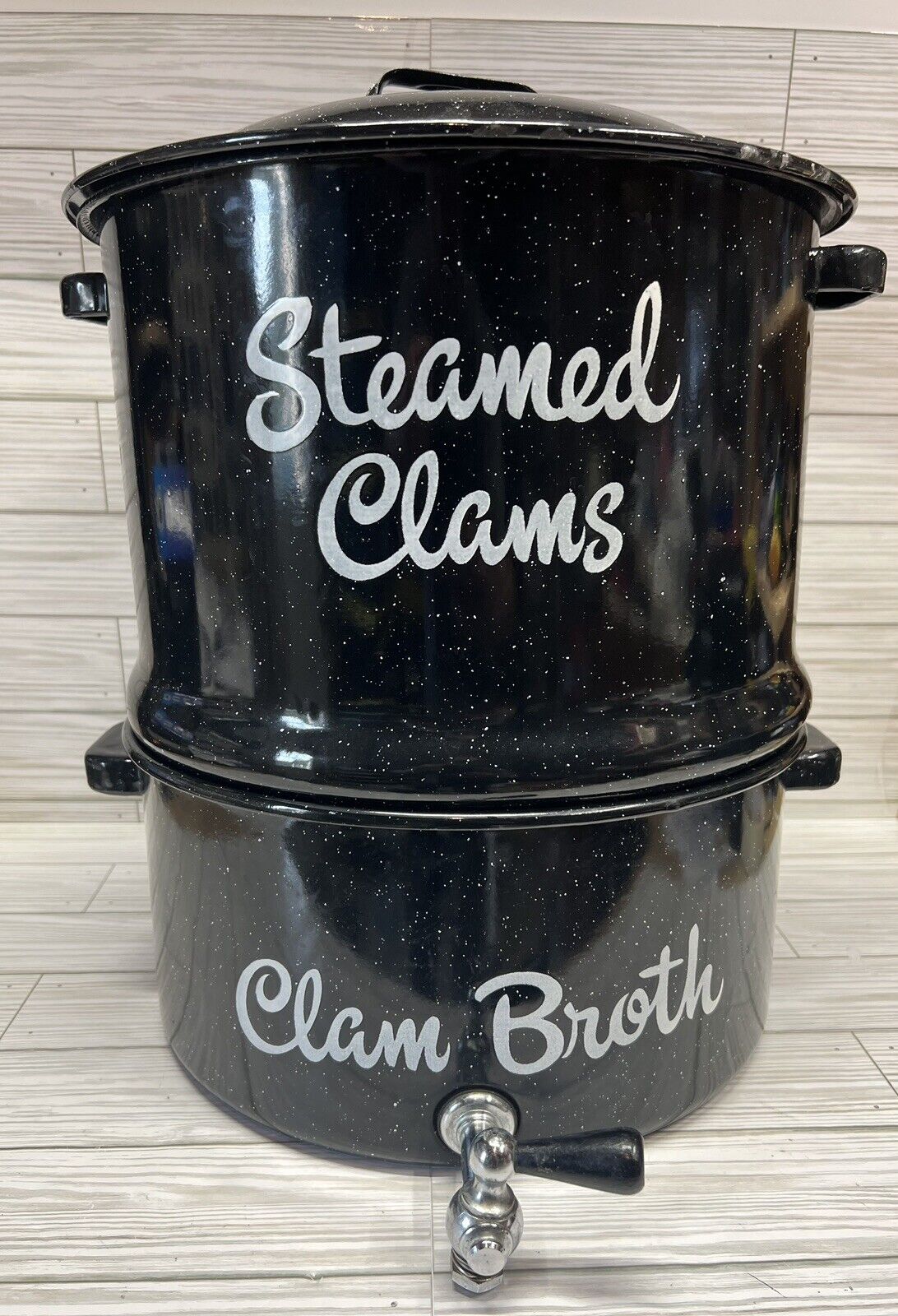 3pc Clam Seafood Steamer Broth Pot Black Speckled Graniteware Enamelware Spigot