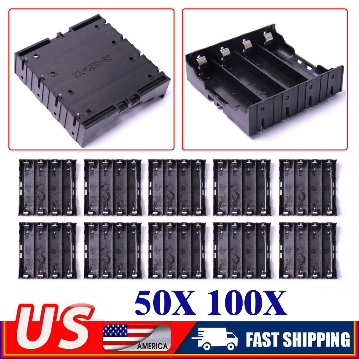 50X-100x ABS Battery Case Holder Storage Box 4 Slot 18650 DIY Battery Clip Power