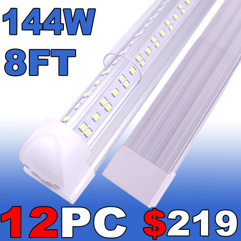 12 Pack 8FT LED Shop Light T8 Linkable Ceiling Fixture 144W Daylight 6500K Clear