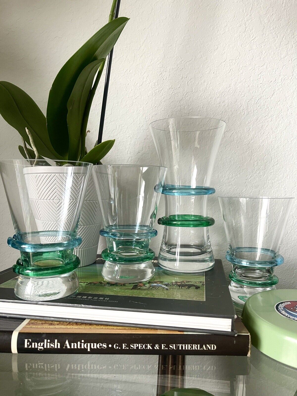 Set of 3 Miller Rogaska Crystal Glasses & Carafe Applied Blue and Green Spirals