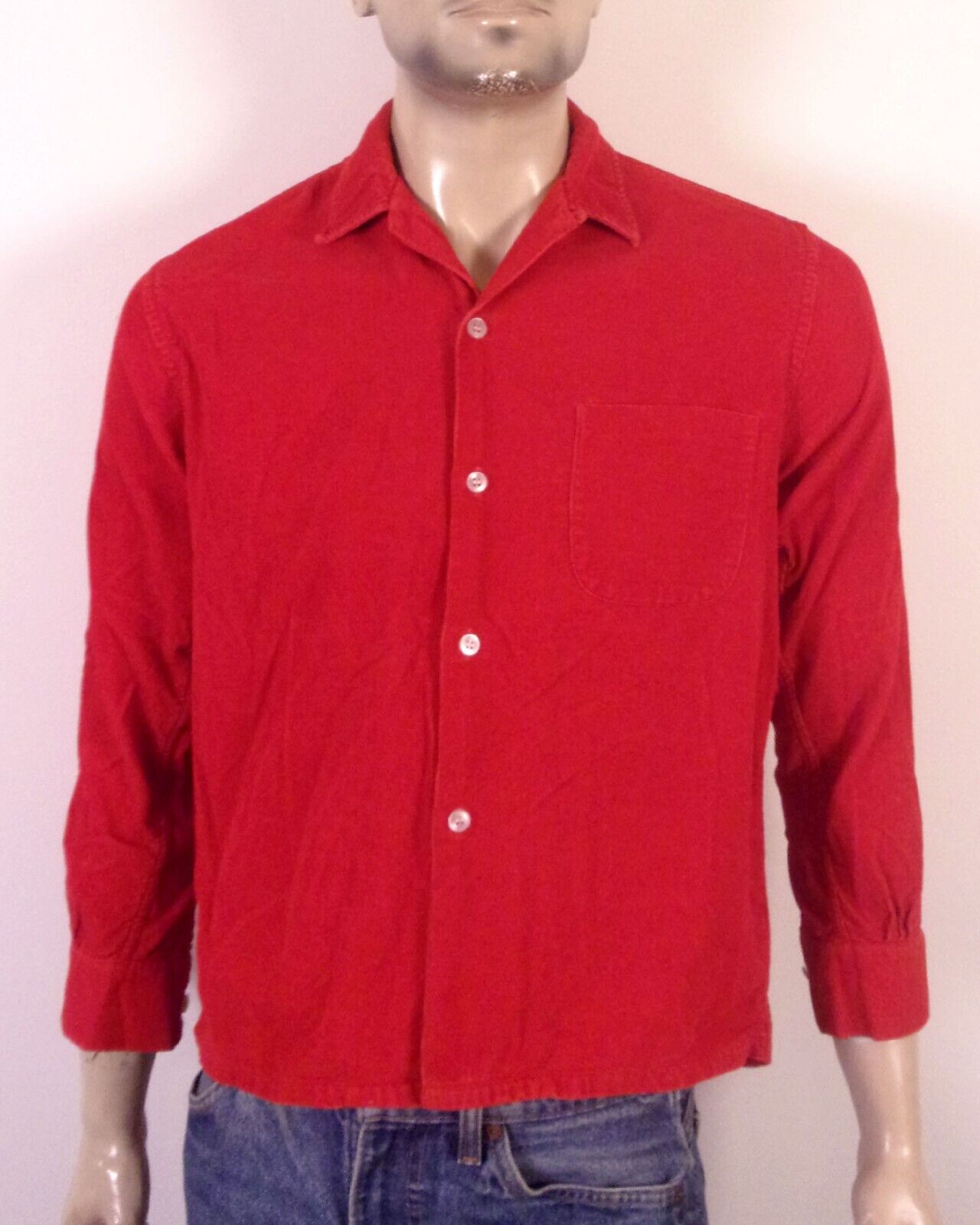 vintage 50s 60s California Bright Red Corduroy Loop Collar Shirt Rockabilly M