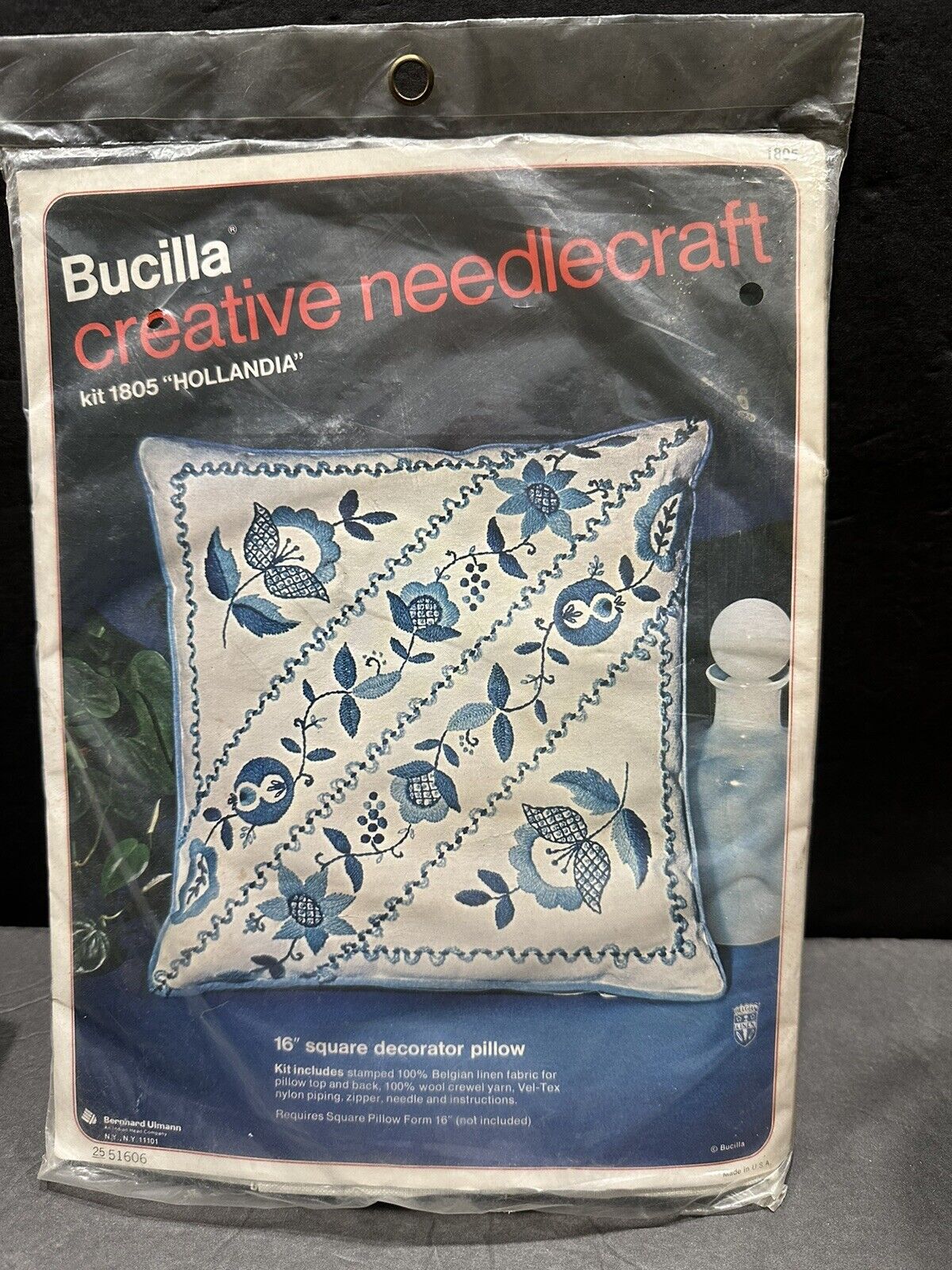 New Sealed Bucilla Blue Floral Needlepoint Linen Square Pillow Kit #1805 VTG