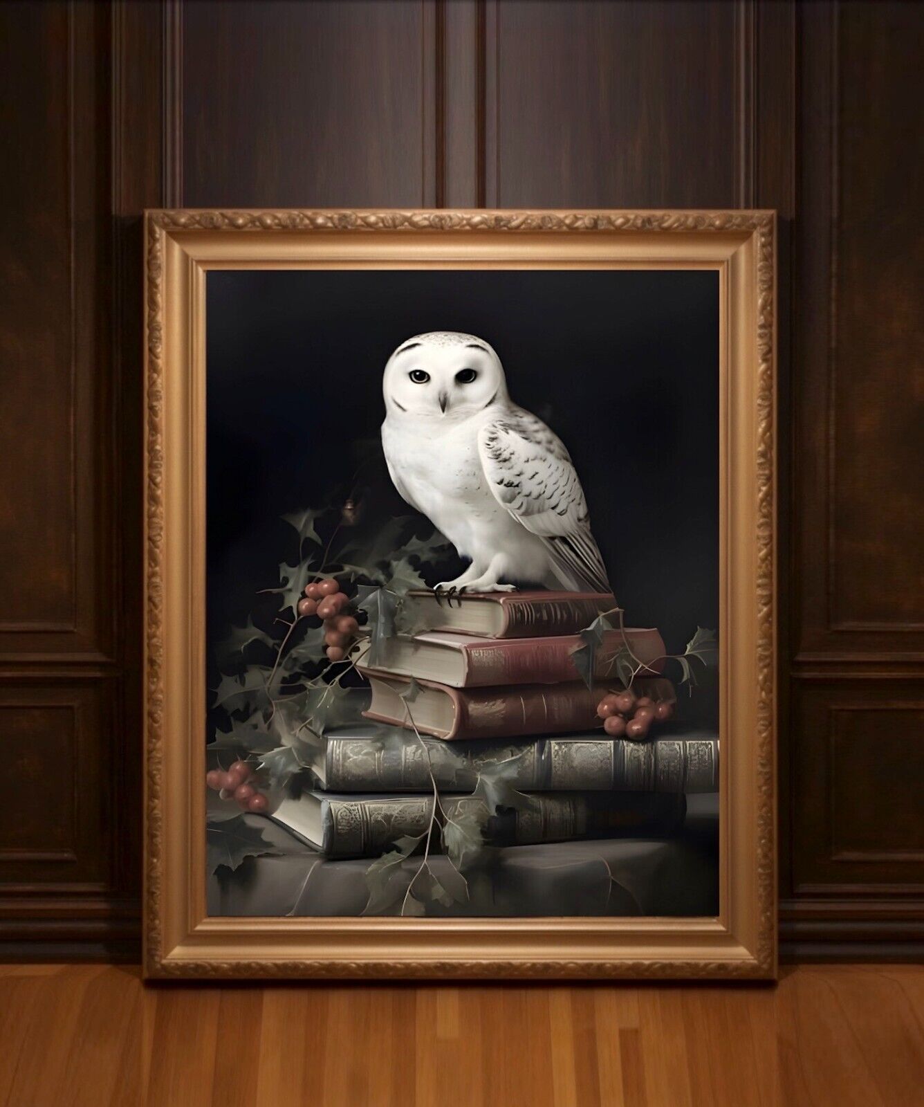 White Owl on Books Dark Academia Wall Art Vintage Winter Painting Cottagecore