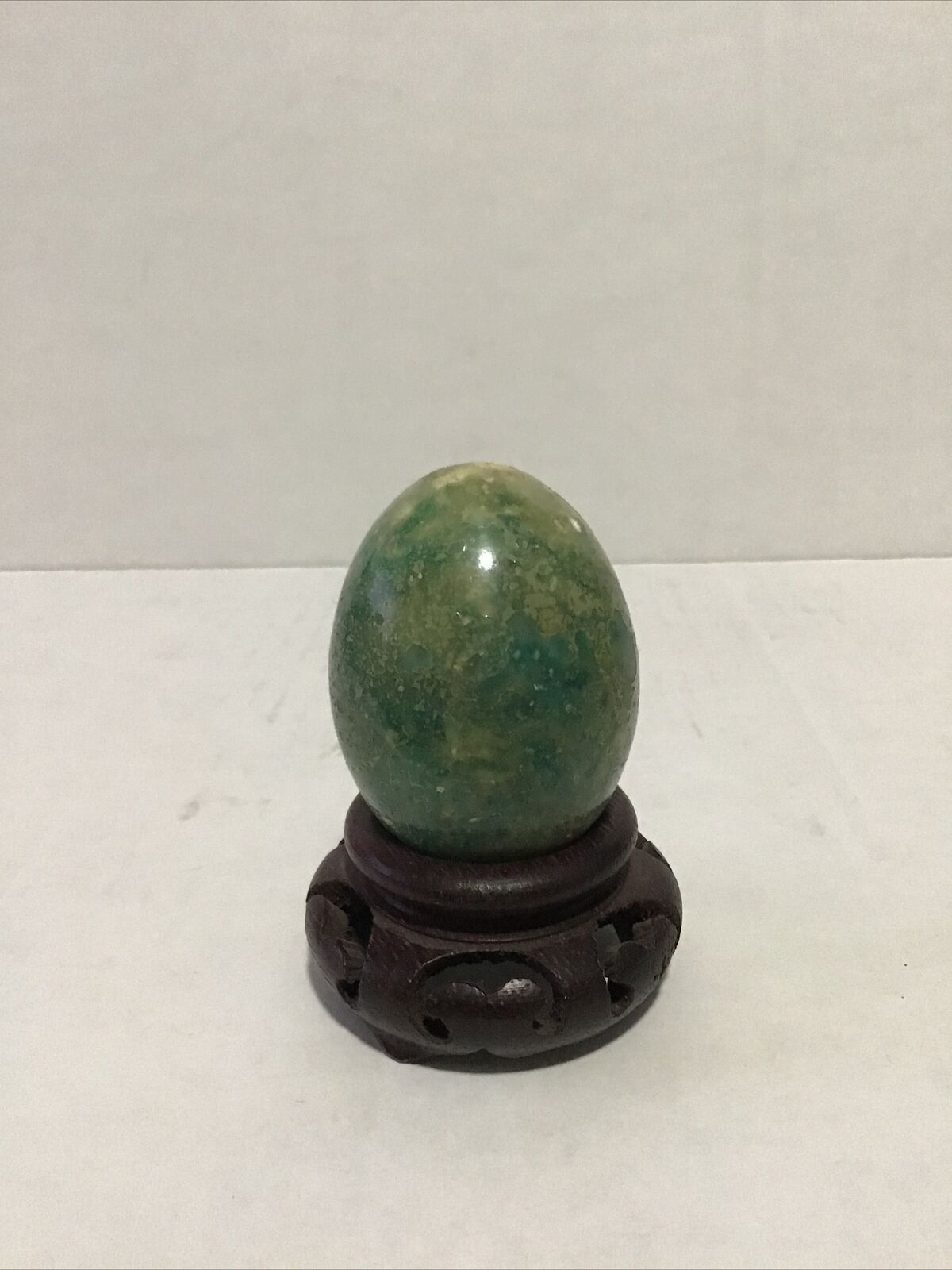 Vintage Alabaster Hand Carved Stone Egg Green Earth Tones Marble With Stand