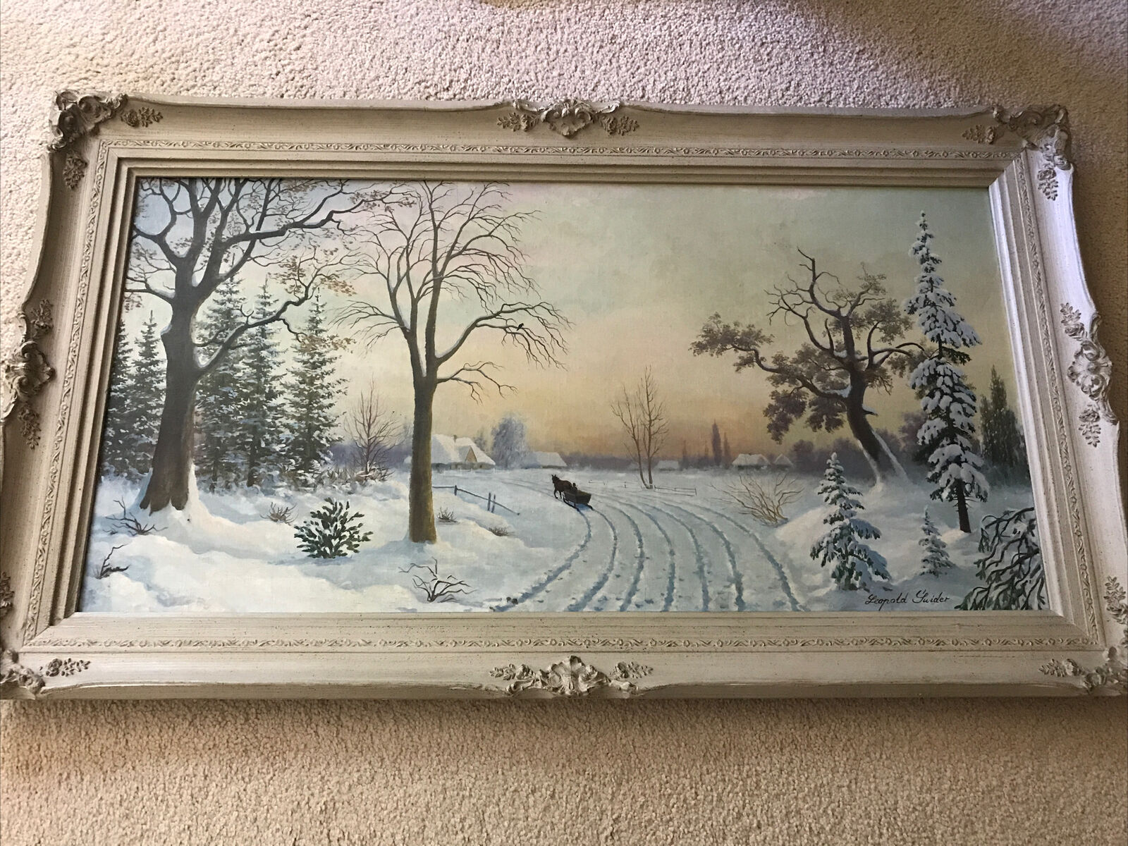Nice Vintage Leopold Swider 24” By 48” Oil On Board Winter Theme Painting