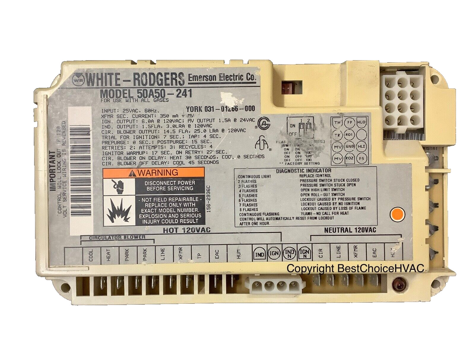90-DAY WARRANTY 50A50-241 Furnace control board 031-01266 York White Rodgers