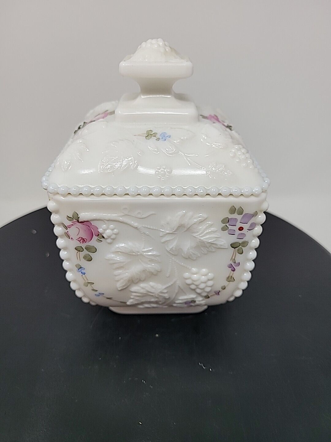 Vintage Westmoreland Milk Glass Hand Painted Candy Dish Lidded Grape Vine Marked