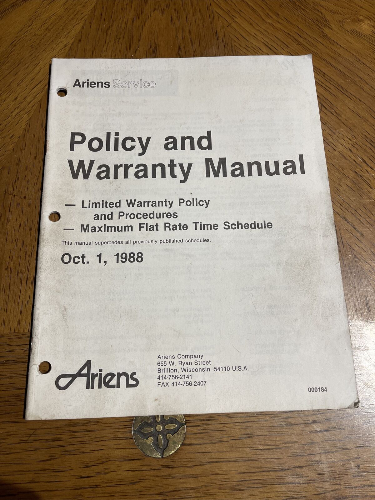 ARIENS WARRANTY MANUAL POLICY PROCEDURES TIME SCHEDULE 1988  000184