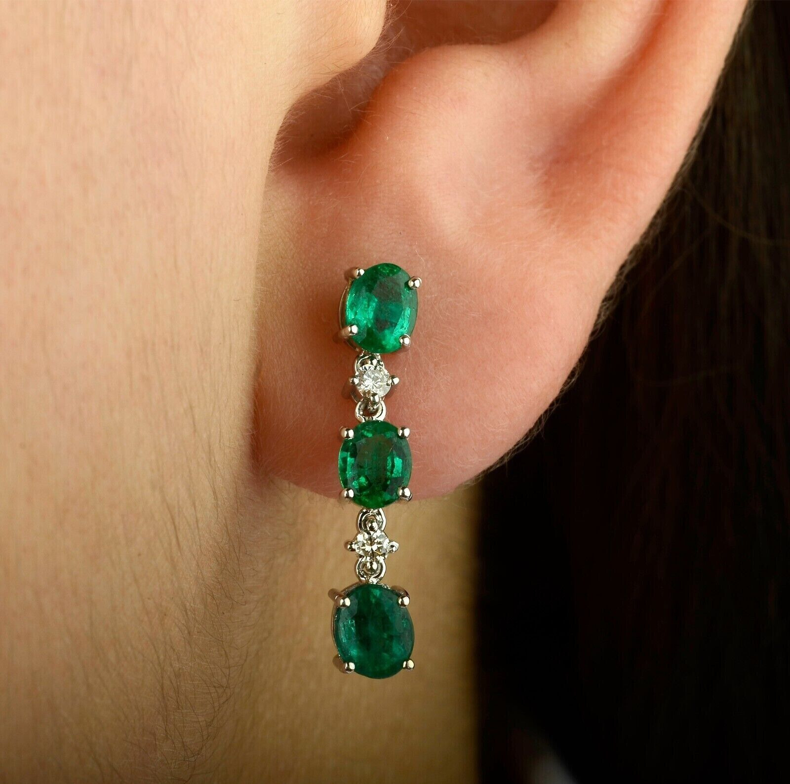 14K Solid Gold Three Emerald Stone Earring With Natural Diamond Drop Earring