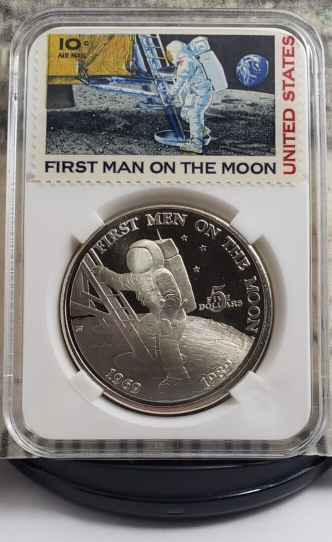1989 $5 Marshall Island First Men on the Moon Coin with Vintage Stamps - Nice