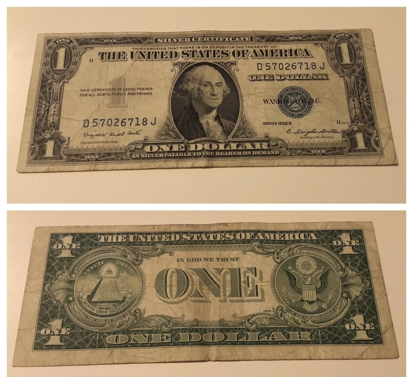 VINTAGE one DOLLAR 1935-G WITH MOTTO BILL SILVER CERTIFICATE $1 WASHINGTON BLUE