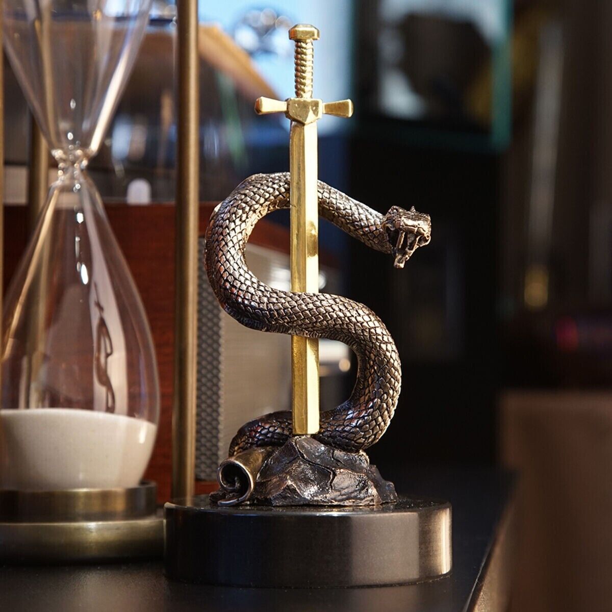 Snake Medical Symbol on Rod Art Figurine Bronze Gilding & Marble By Vizuri