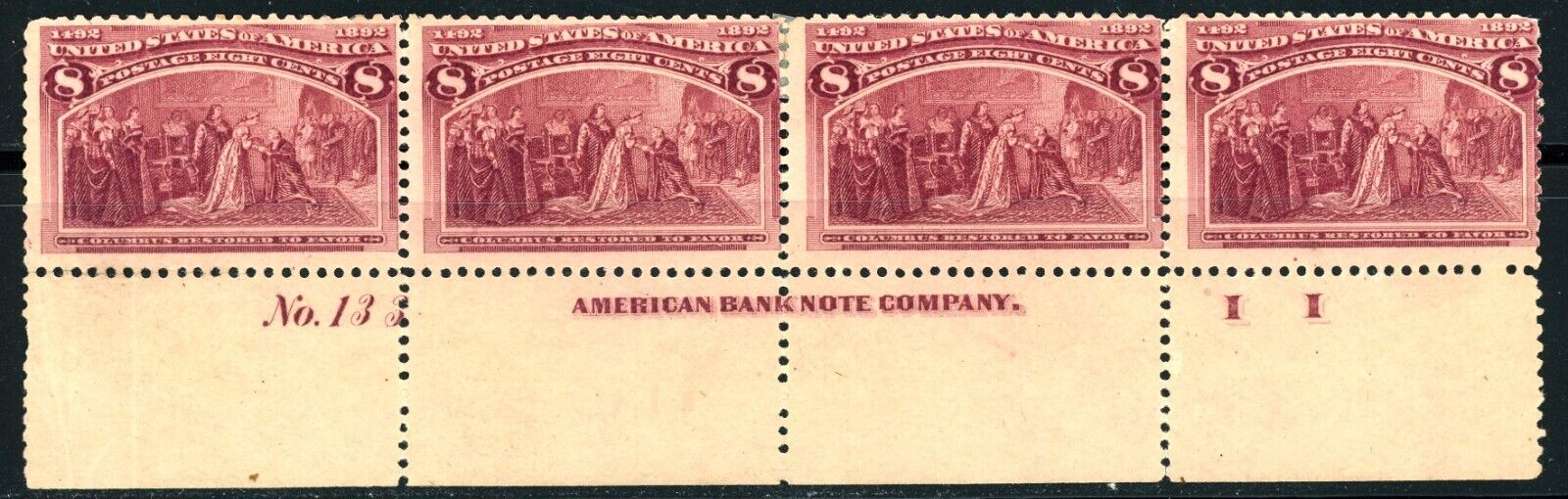 USAstamps Unused FVF US 1893 Columbian Expo Plate Imprint Strip Scott 236 OG MH