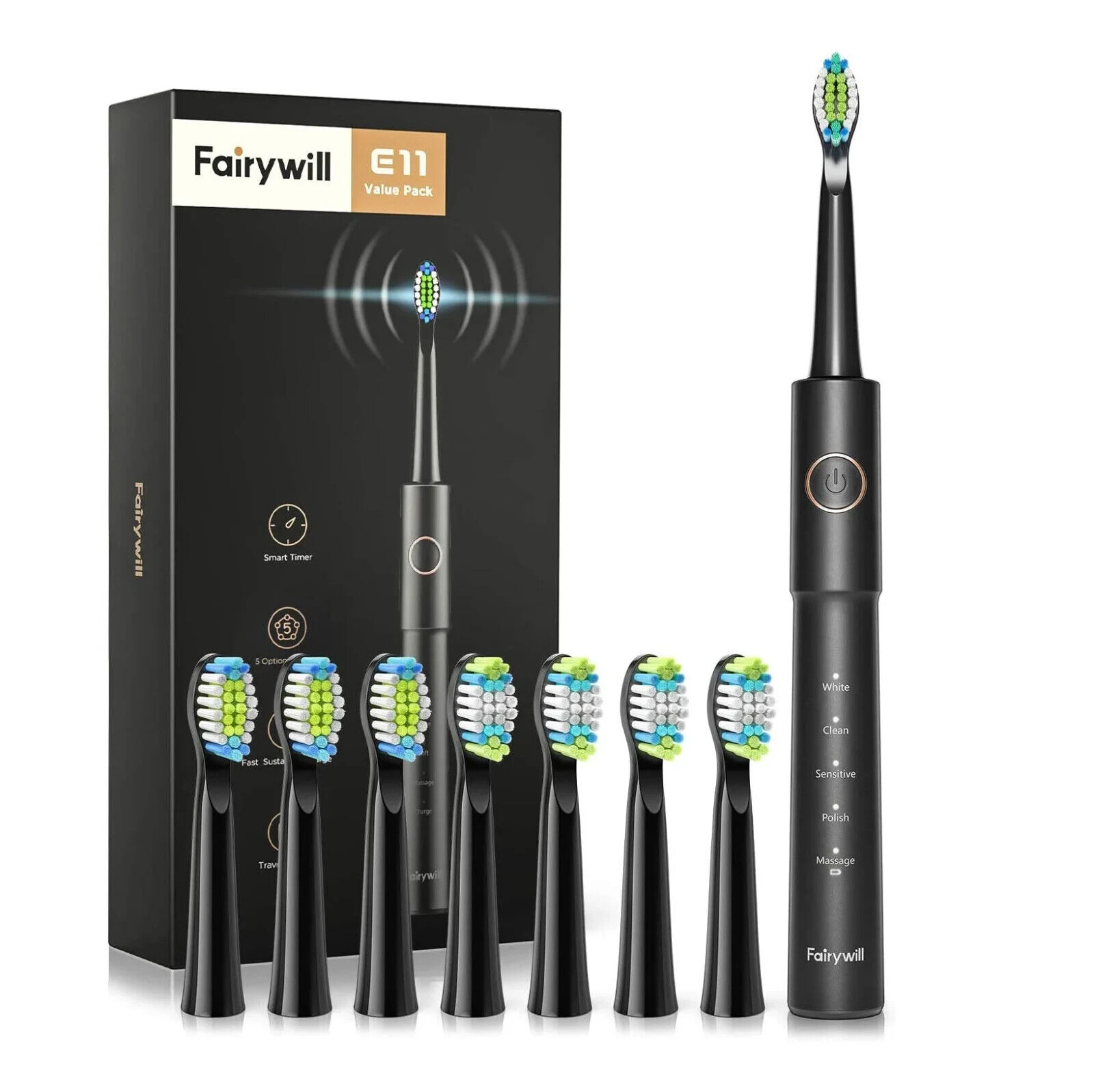 Fairywill E11 Sonic Electric Toothbrush with 5 Modes for Adults, Black