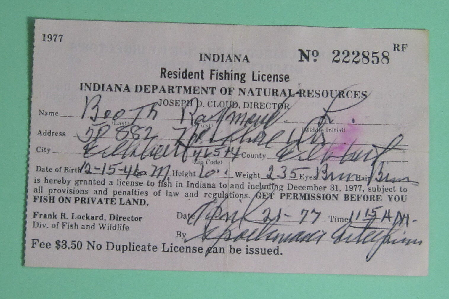 1977 Indiana Conservation Resident Hunting Fishing Trapping License