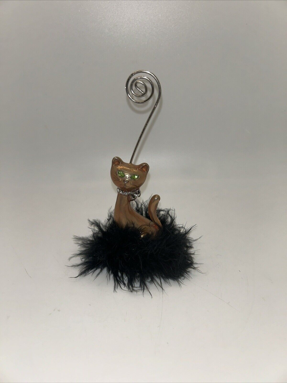 Vintage Bling Cat Sitting In Black Feathers Photo holder 5” Weighted