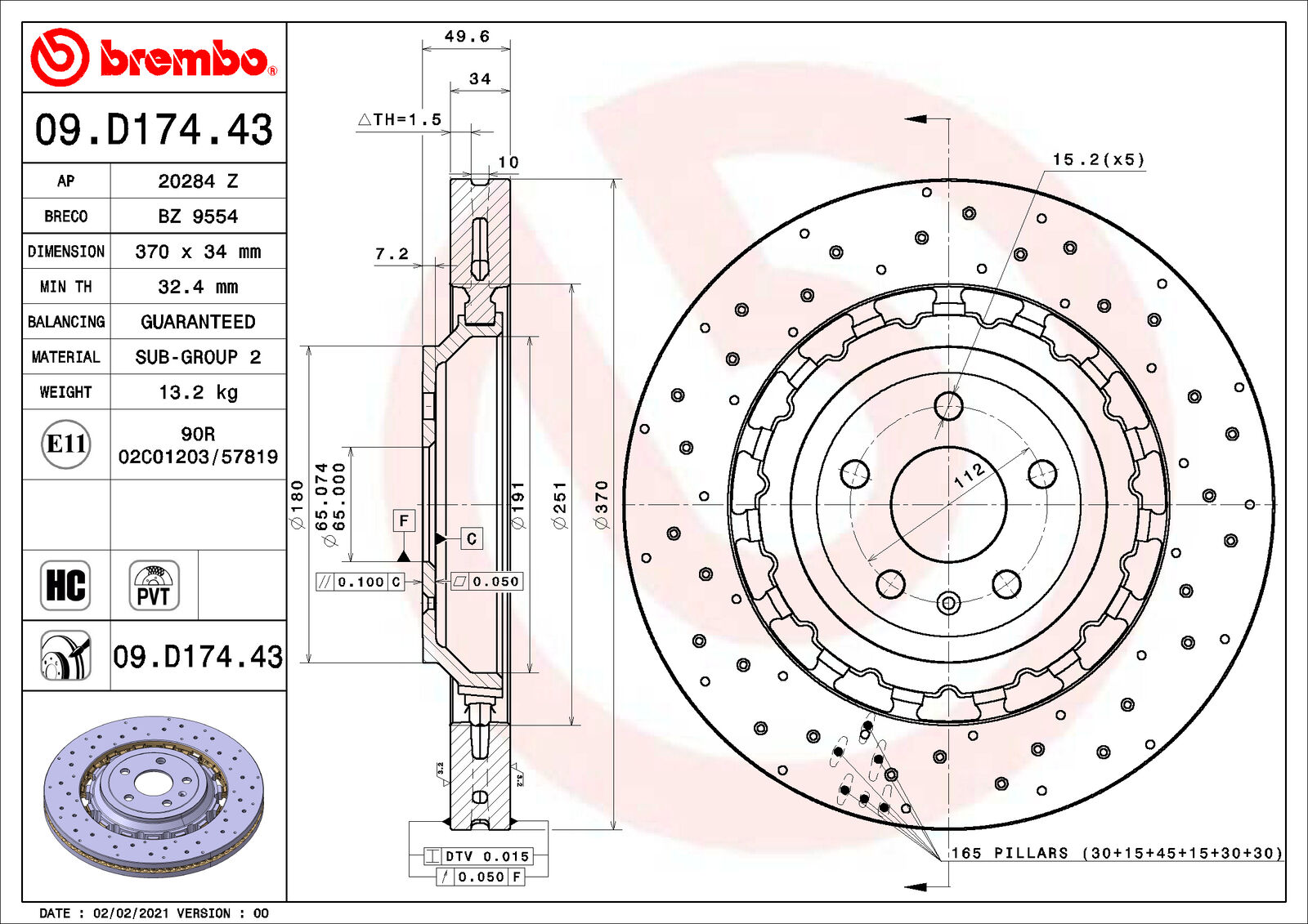 Brembo 2x brake disc internally ventilated suitable for Audi TT FV3 2.5 RS quattro FV9