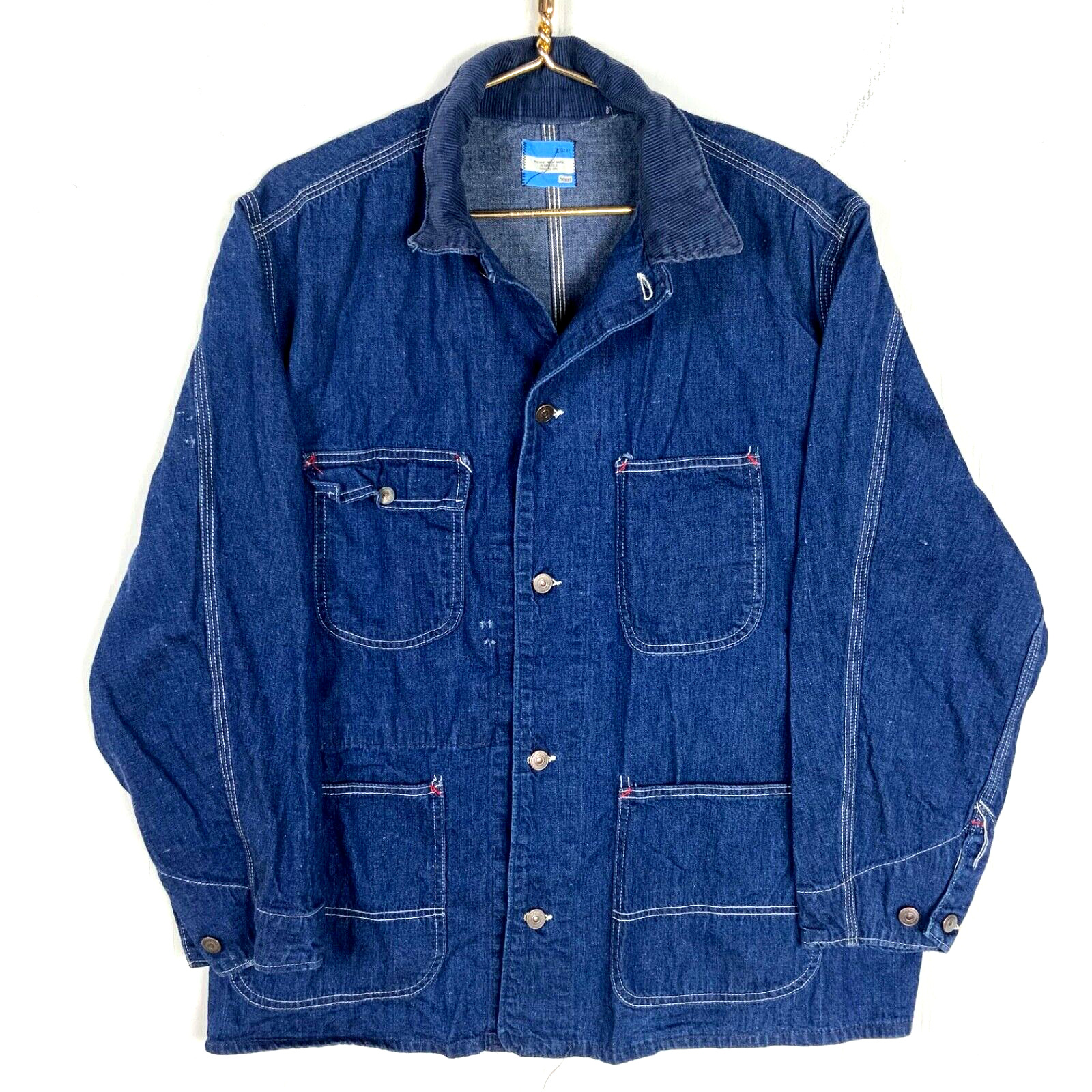 Vintage Sears Denim Jean Chore Jacket Large Blue Dark Wash 80s