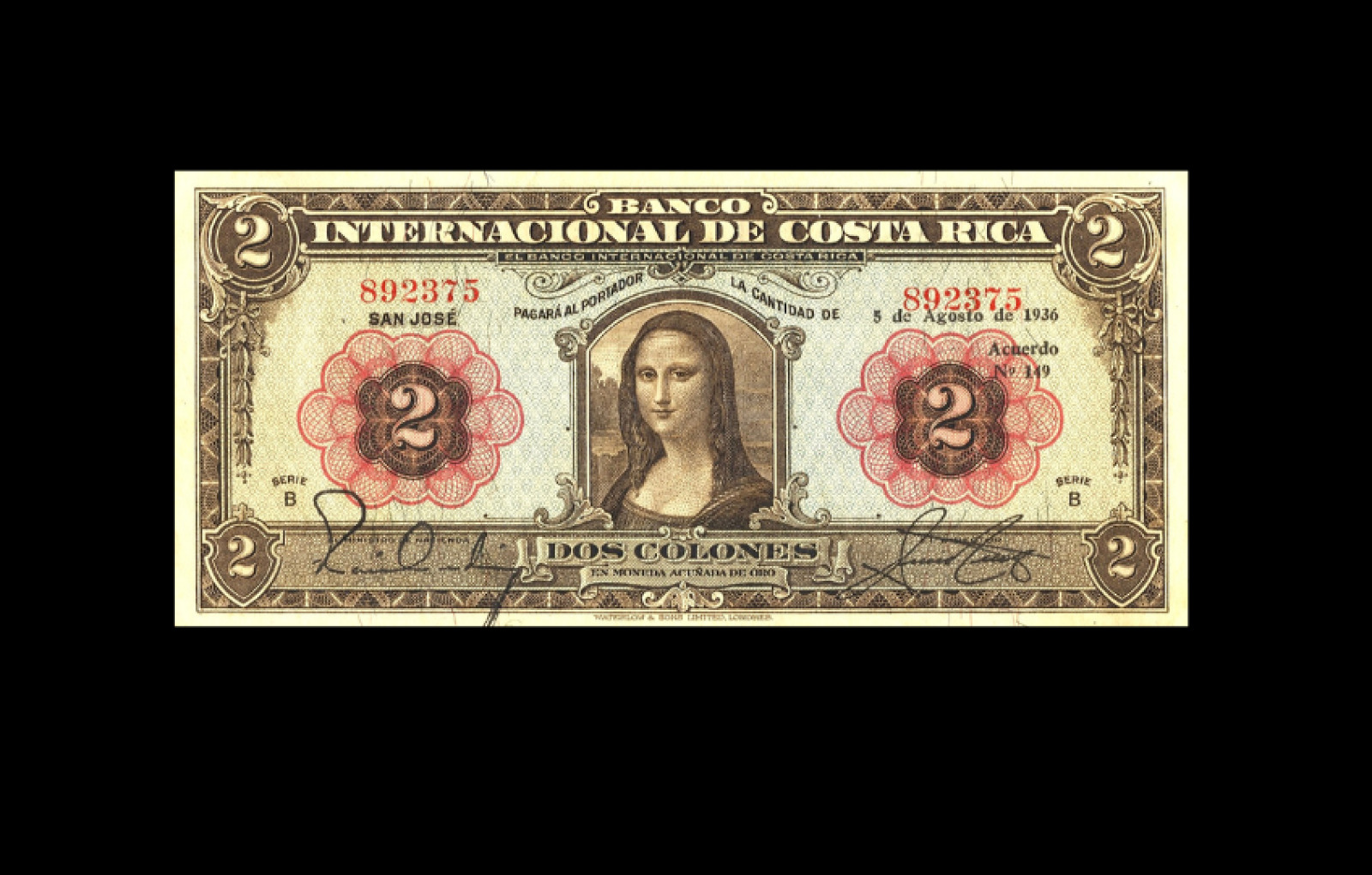 Reproduction Rare Banco Internacional Costa Rica 2 Colones 1936 Banknote America