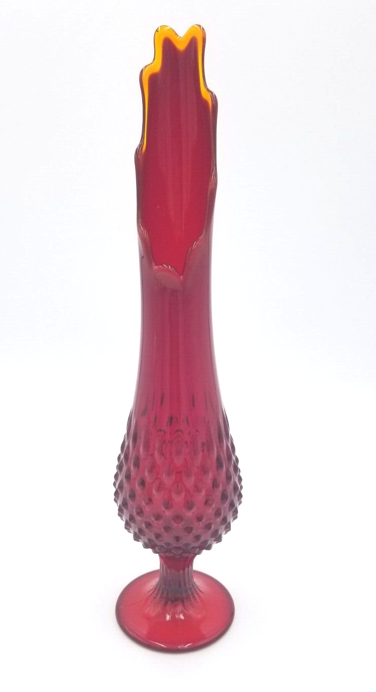 Vintage Fenton Glass Ruby Red Amberina Swung Vase MCM 15” Hobnail Footed