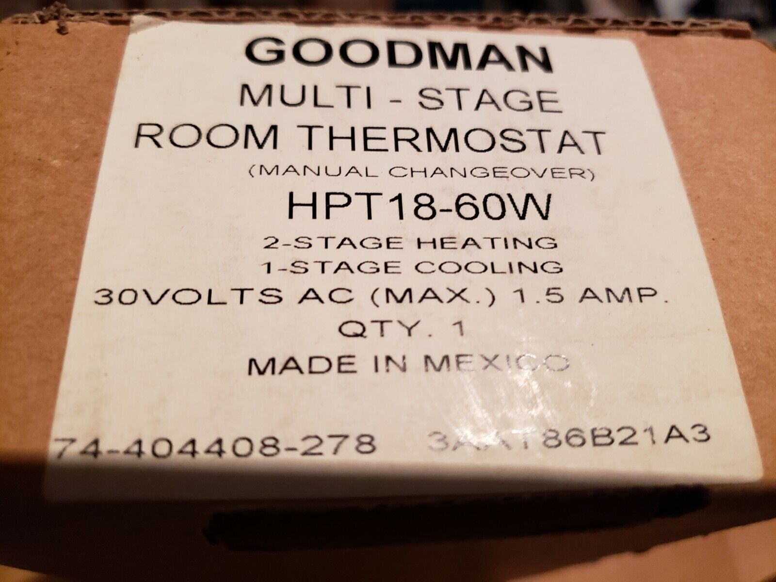 New Goodman HPT18-60w Heat Pump Thermostat multi-stage Manual Changeover 