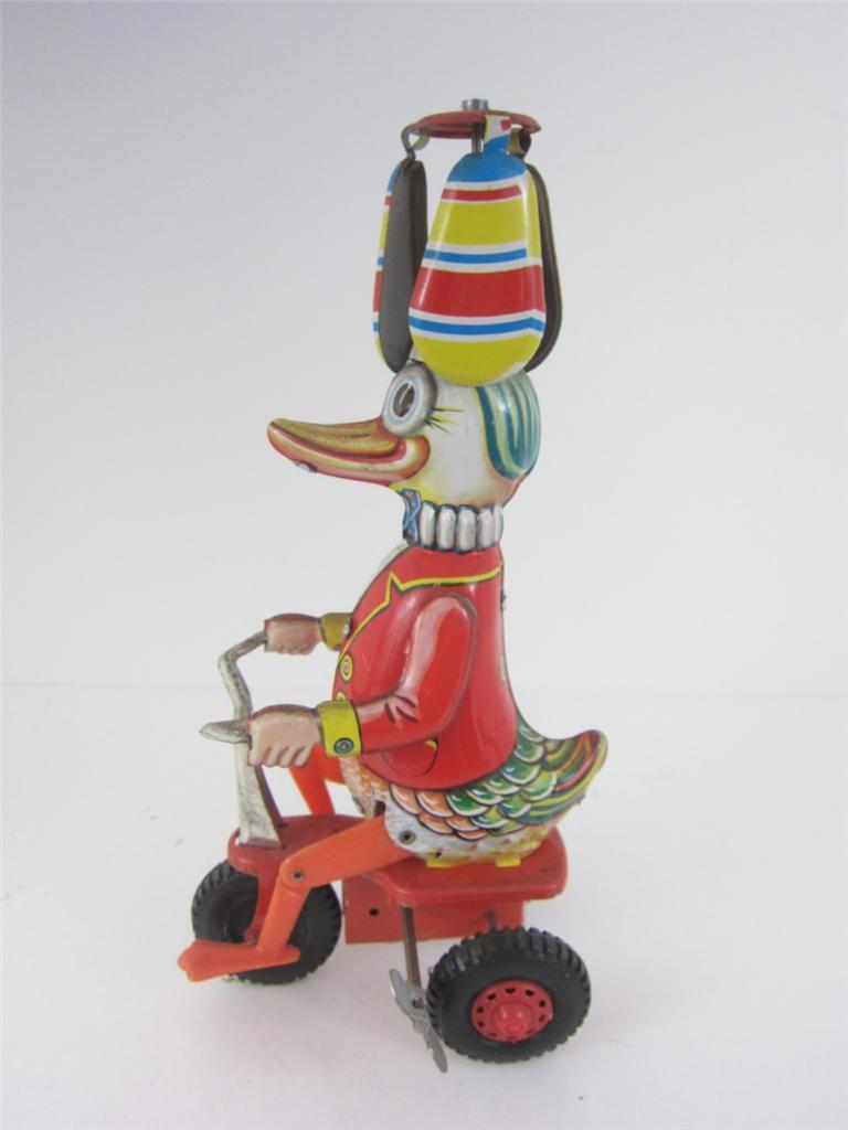 Wind up Mechanical West Germany Tin Toy Duck on Bicycle Bike 1960\'s See Video EX